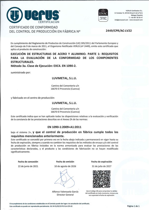 Certificado de conformidad del control de producción en fábrica n.º 2449/CPR/AC-LV22, emitido por VERUS Certification el 10 de agosto de 2026 y en vigor hasta el 31 de julio de 2027: ejecución de estructuras de acero y aluminio, clase de ejecución EXC4, EN 1090-2
