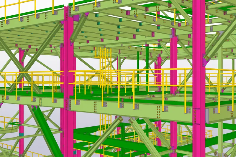 Recreación de un modelo 3D de estructura metálica en Tekla Structures: pilares, vigas, arriostramientos y barandillas