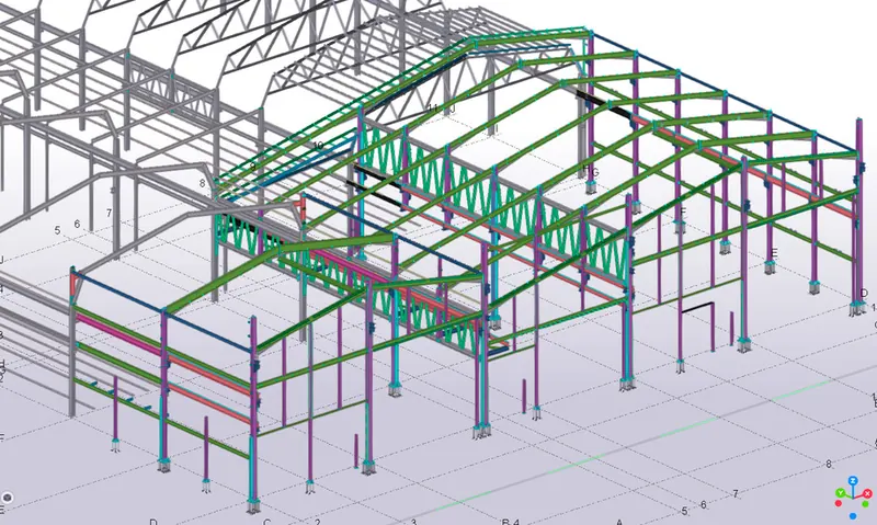 Modelo 3D de una nave con cerchas en Tekla Structures, en la oficina técnica de Luvimetal