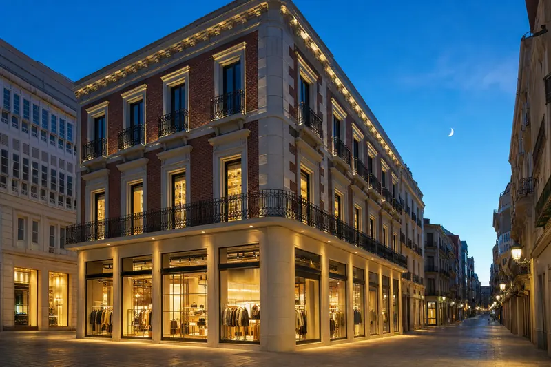 Edificio de esquina rehabilitado, de ladrillo rojo y piedra con balcones de forja, en una calle peatonal al anochecer (recreación generada con IA)