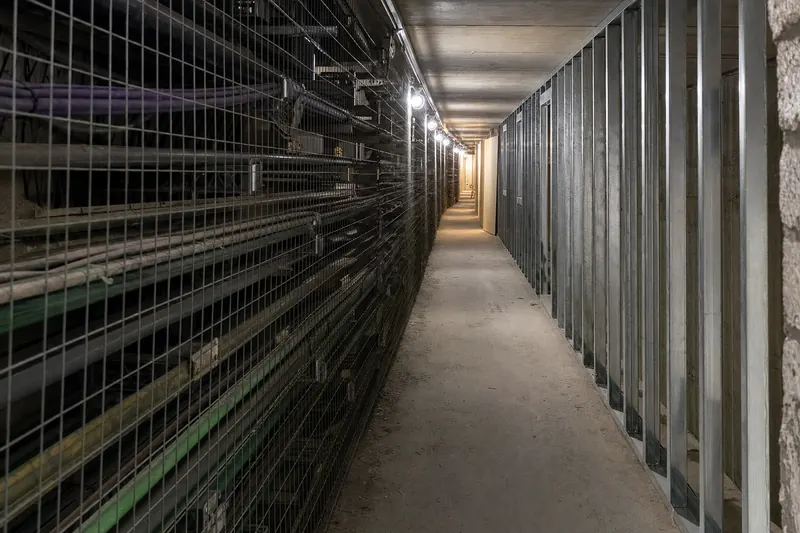 Galería estrecha de una estación de metro en obras, con bastidores de acero galvanizado, bandejas de cables y luces provisionales (recreación generada con IA)